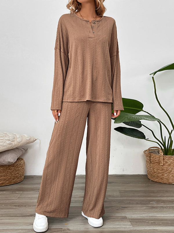 Casual Texture Wide-Leg Pants Two-Piece Round Neck Loungewear Set Coffee Coffee