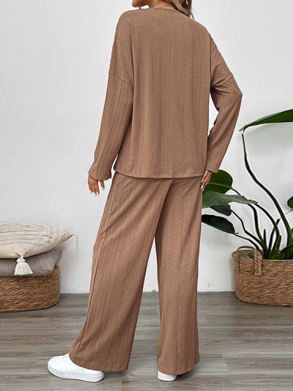 Casual Texture Wide-Leg Pants Two-Piece Round Neck Loungewear Set Coffee