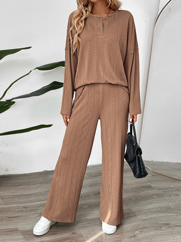 Casual Texture Wide-Leg Pants Two-Piece Round Neck Loungewear Set Coffee