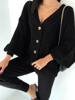 Women's Fashion V-neck Solid Colour Suit Sweater & Knitted Pants Black