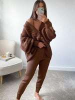Women's Fashion V-neck Solid Colour Suit Sweater & Knitted Pants Dark Brown