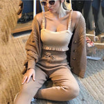 Women's Fashion V-neck Solid Colour Suit Sweater & Knitted Pants