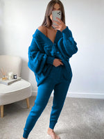Women's Fashion V-neck Solid Colour Suit Sweater & Knitted Pants Peacock blue