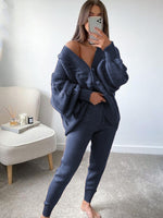 Women's Fashion V-neck Solid Colour Suit Sweater & Knitted Pants Royal blue