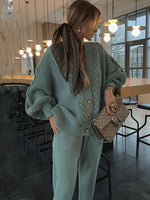 Women's Fashion V-neck Solid Colour Suit Sweater & Knitted Pants Spearmint viridis