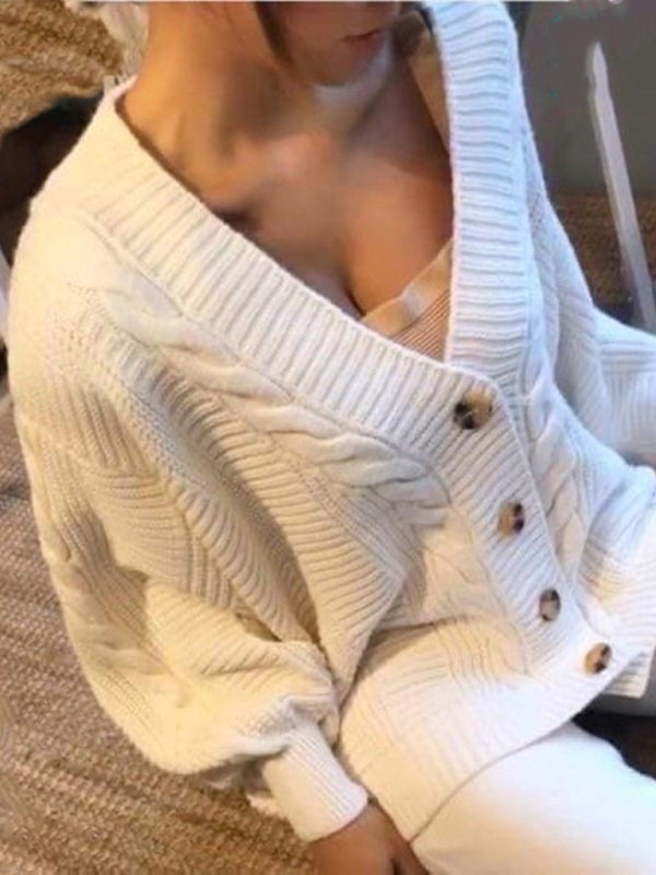 Women's Fashion V-neck Solid Colour Suit Sweater & Knitted Pants