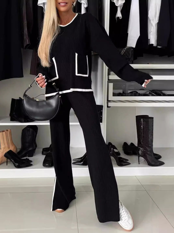 Women's Casual Colour-Matching Pocket Top & Wide Leg Pants Two-Piece Set Black