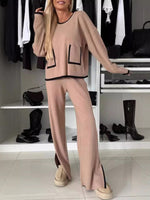 Women's Casual Colour-Matching Pocket Top & Wide Leg Pants Two-Piece Set Caramel