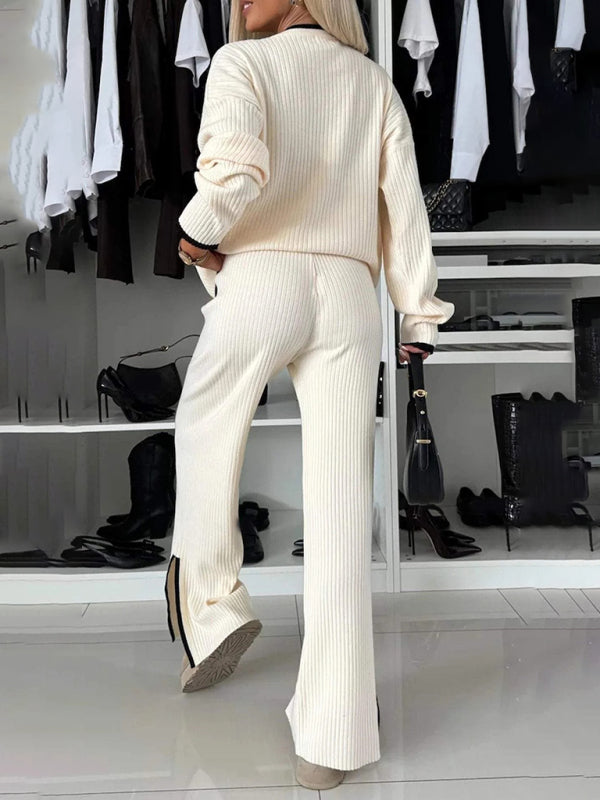 Women's Casual Colour-Matching Pocket Top & Wide Leg Pants Two-Piece Set