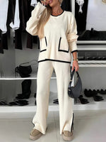 Women's Casual Colour-Matching Pocket Top & Wide Leg Pants Two-Piece Set