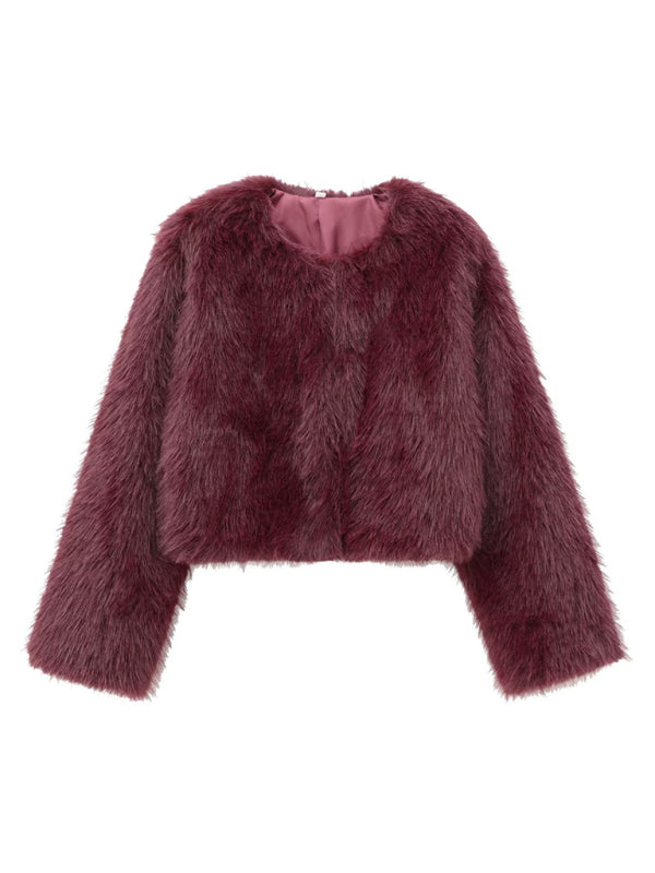 Women's Faux Fur Cropped Jacket Wine Red