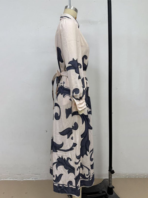Fashion Print Belted Loose Retro Long Sleeve Midi Dress