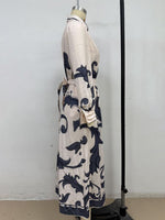 Fashion Print Belted Loose Retro Long Sleeve Midi Dress