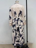 Fashion Print Belted Loose Retro Long Sleeve Midi Dress