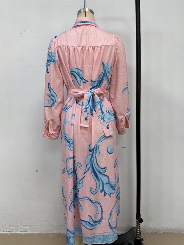 Fashion Print Belted Loose Retro Long Sleeve Midi Dress
