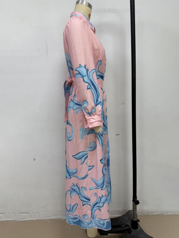 Fashion Print Belted Loose Retro Long Sleeve Midi Dress