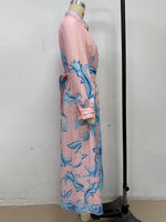 Fashion Print Belted Loose Retro Long Sleeve Midi Dress