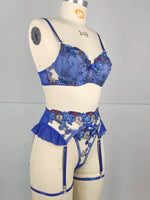 Blue Sexy French Embroidered Lingerie Thong Bra Set