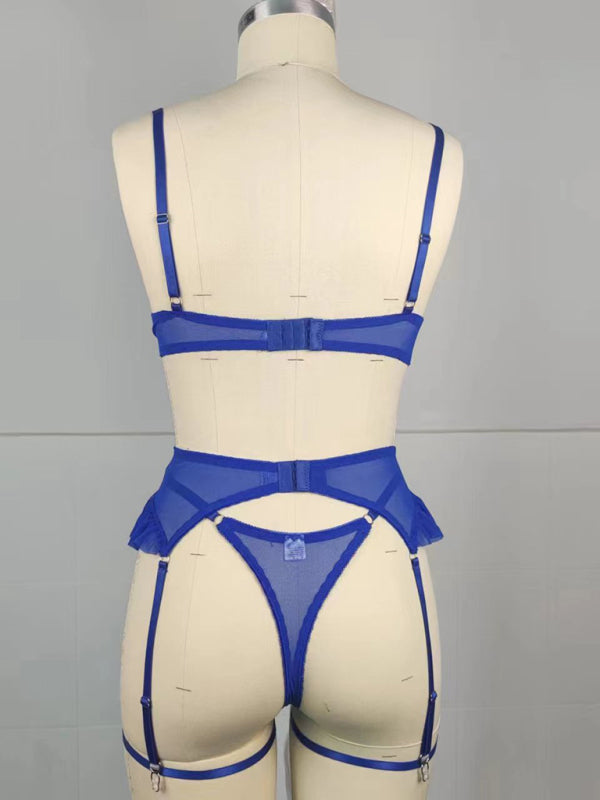 Blue Sexy French Embroidered Lingerie Thong Bra Set