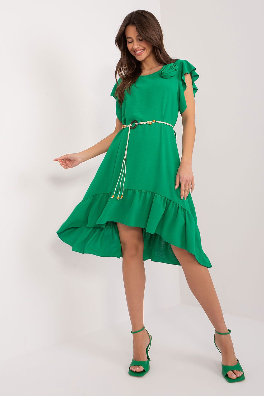 Italy Moda Flared Asymmetrical Day Dress green one-size-fits-all