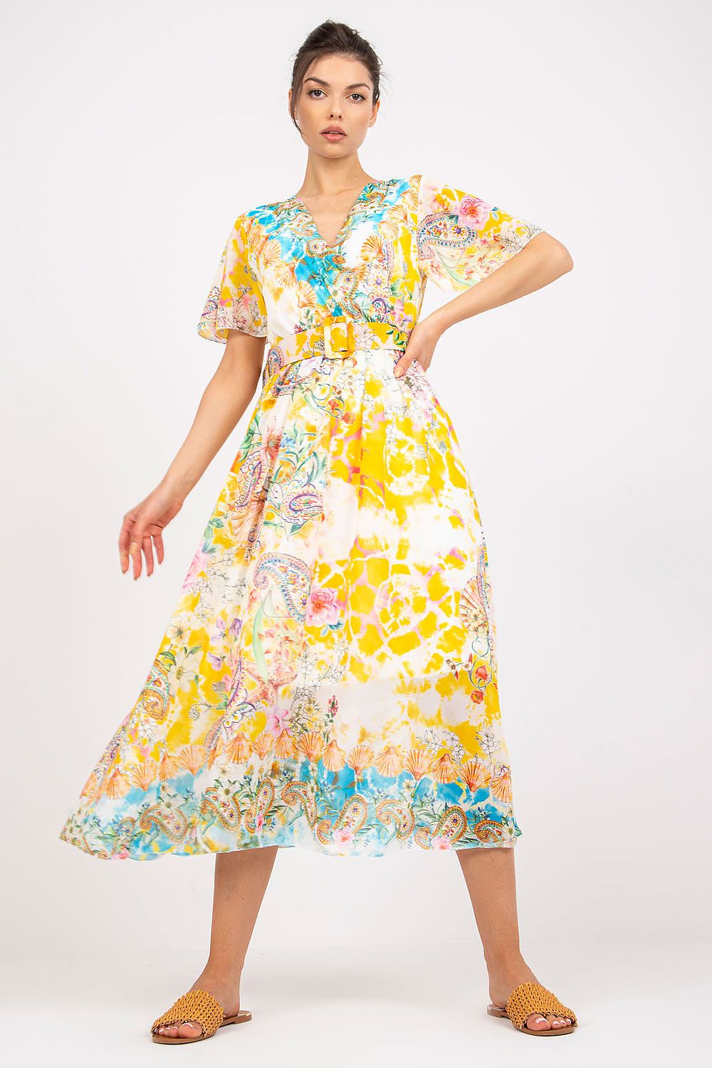 Italy Moda Summer Frilled Daydress with Envelope Neckline yellow one-size-fits-all
