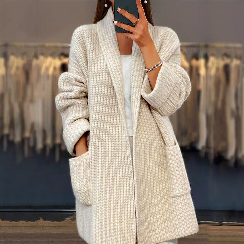 Karina Knitted Cardigan with Pockets Casual Loose Sweater Jacket Beige