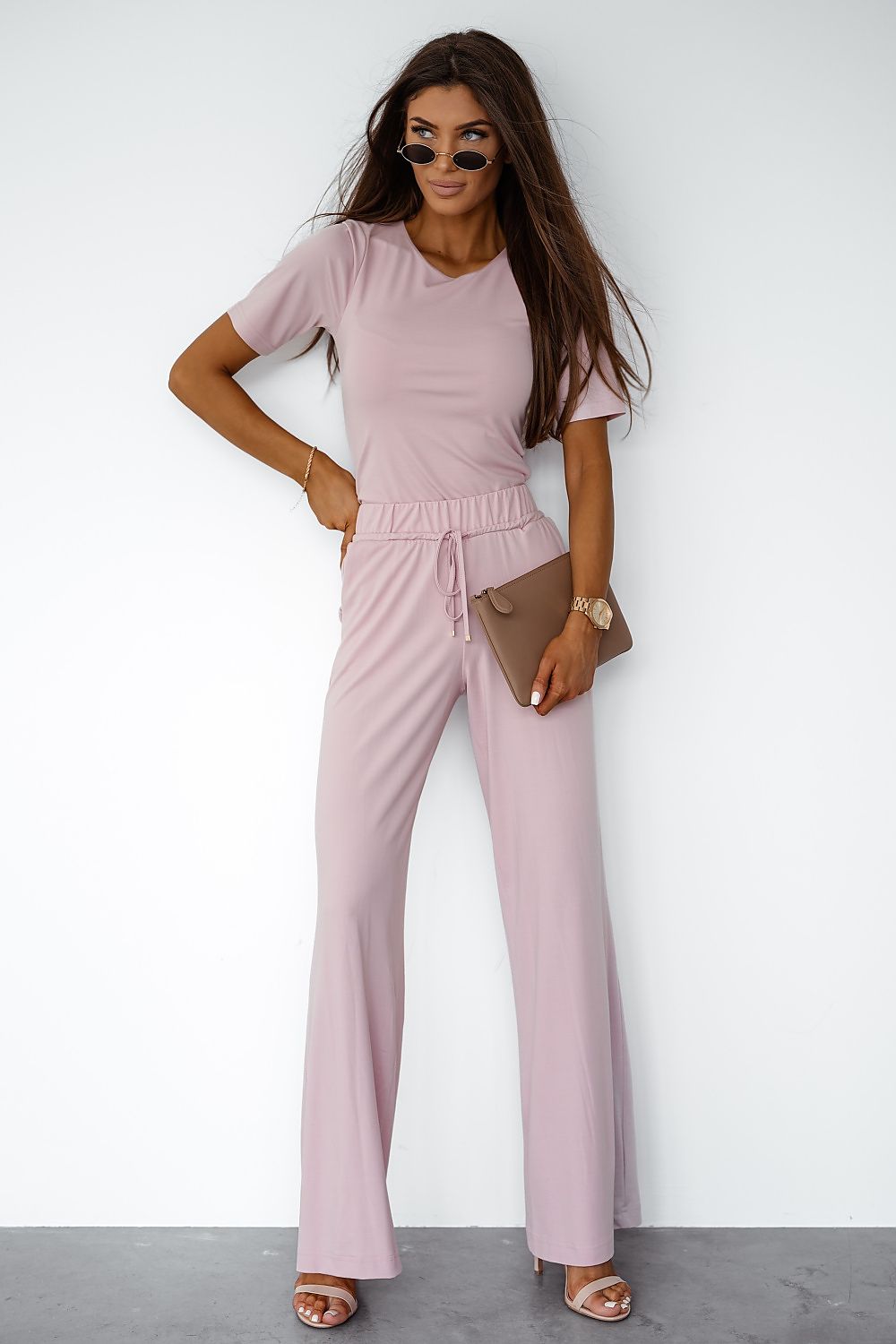 LaBalancia Ladies' Viscose Loungewear Set - Short-Sleeve Round Neck & Tie-Waist Pants pink