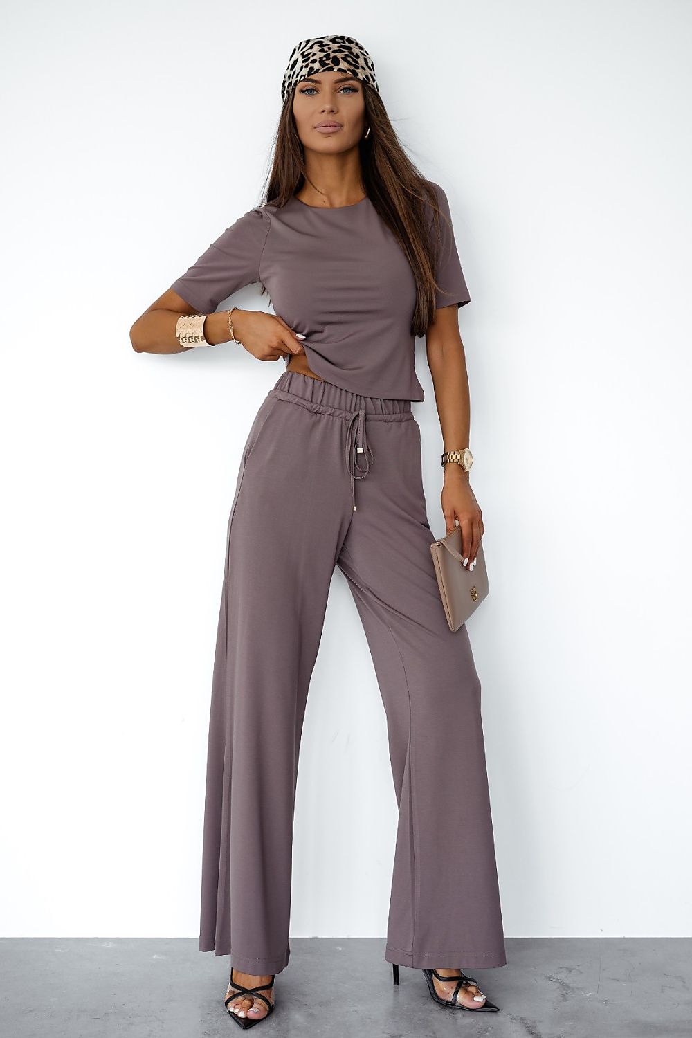 LaBalancia Ladies' Viscose Loungewear Set - Short-Sleeve Round Neck & Tie-Waist Pants brown