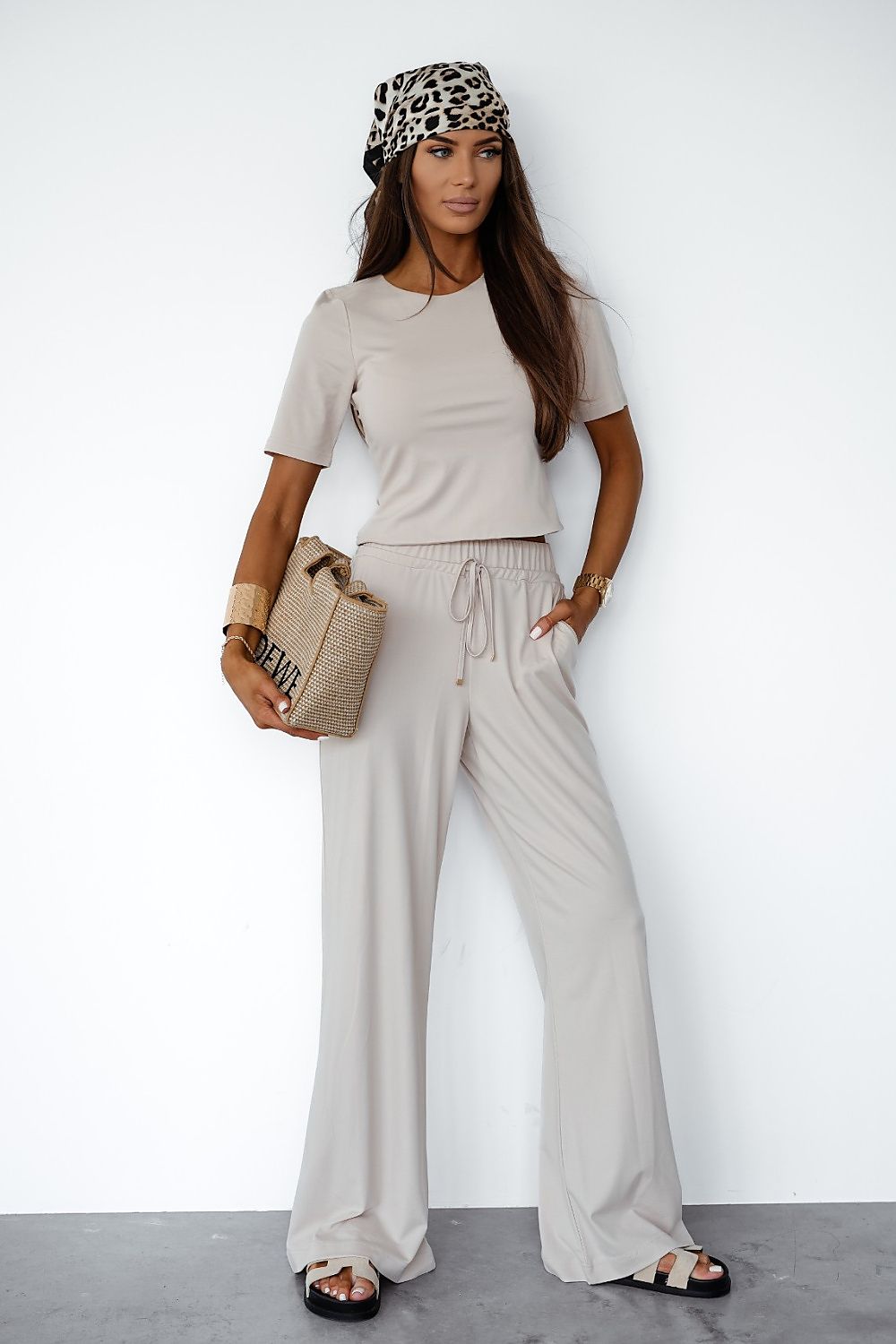 LaBalancia Ladies' Viscose Loungewear Set - Short-Sleeve Round Neck & Tie-Waist Pants beige