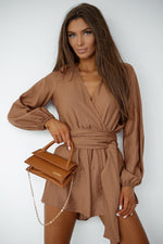 LaBalancia Lightweight Wrap Neckline Puffy Sleeve Jumpsuit brown