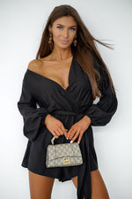 LaBalancia Lightweight Wrap Neckline Puffy Sleeve Jumpsuit black