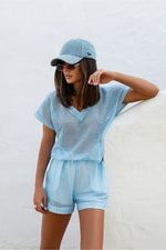 LaBalancia Mesh V-Neck Top and Shorts Co-ord Set blue one-size-fits-all