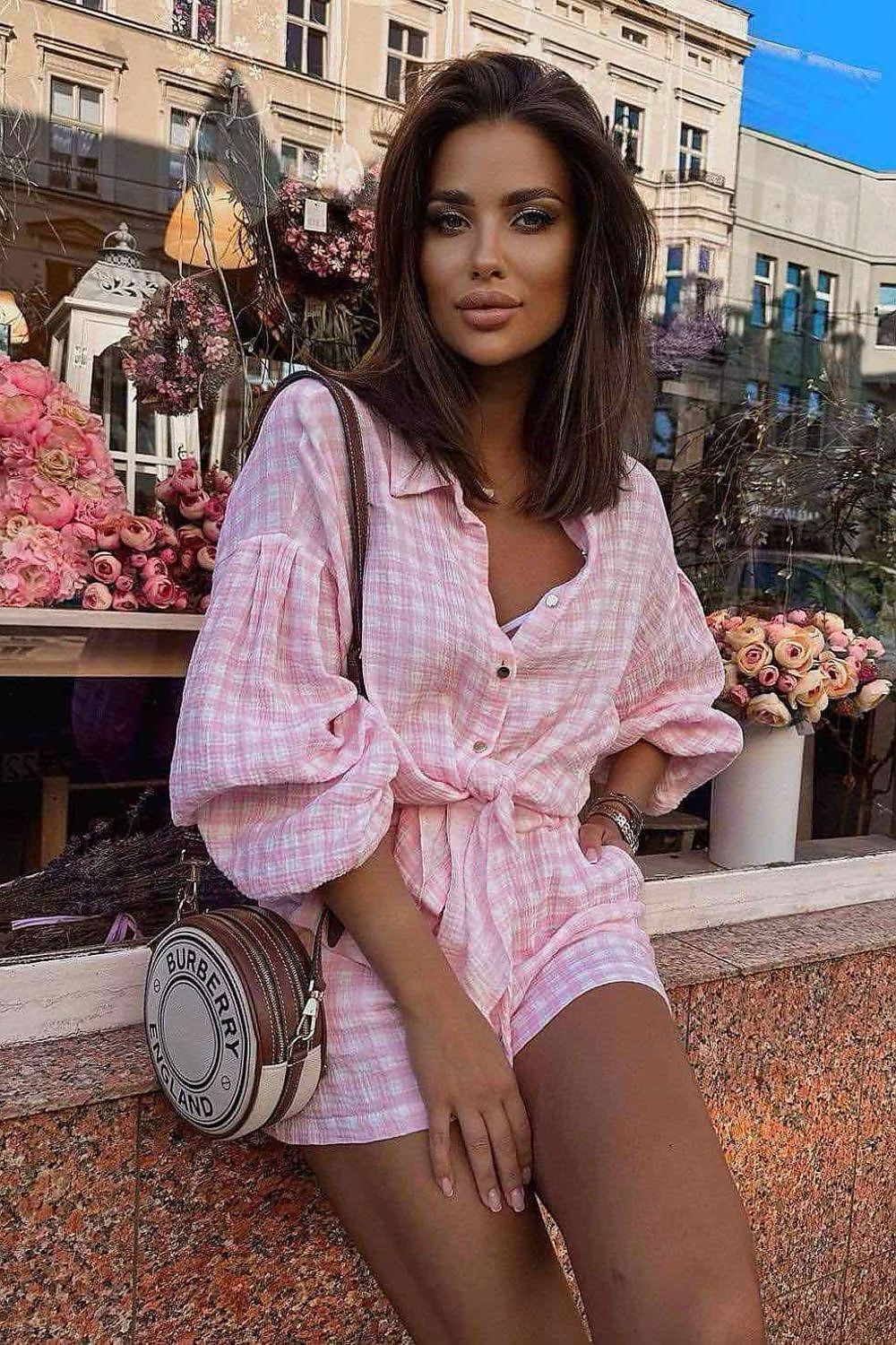 LaBalancia Muslin Button-Up Shirt and High-Waist Shorts Co-Ord Set pink