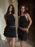 Ladies Fashion Sexy Sleeveless Halter Neck Pleated Backless Short Skirt Co-ord Set Black