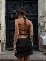 Ladies Fashion Sexy Sleeveless Halter Neck Pleated Backless Short Skirt Co-ord Set