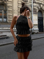Ladies Fashion Sexy Sleeveless Halter Neck Pleated Backless Short Skirt Co-ord Set