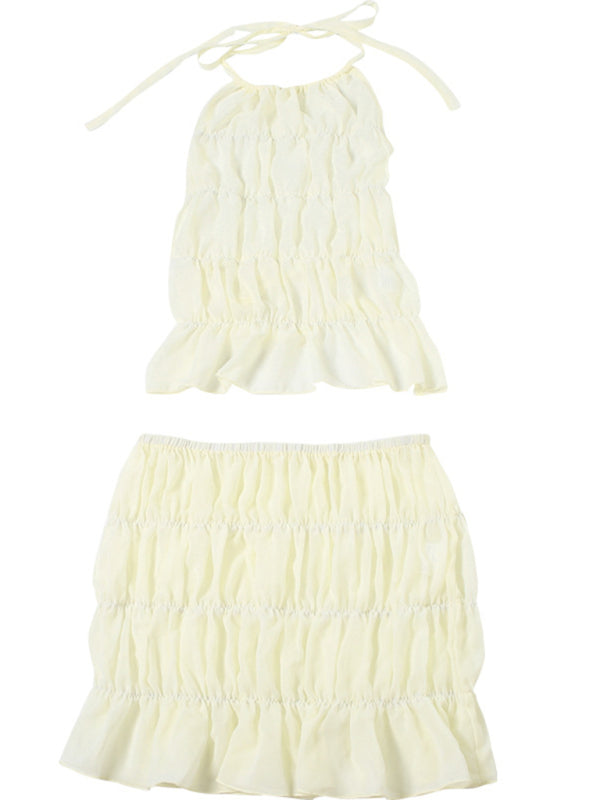 Ladies Fashion Sexy Sleeveless Halter Neck Pleated Backless Short Skirt Co-ord Set