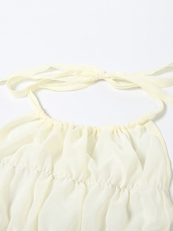 Ladies Fashion Sexy Sleeveless Halter Neck Pleated Backless Short Skirt Co-ord Set