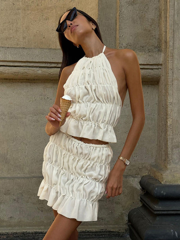 Ladies Fashion Sexy Sleeveless Halter Neck Pleated Backless Short Skirt Co-ord Set Beige