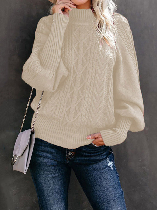 Ladies Mid Collar Loose Long Sleeve Twist Sweater Beige