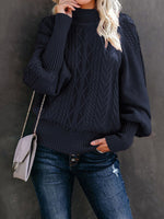 Ladies Mid Collar Loose Long Sleeve Twist Sweater Navy Blue
