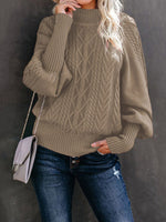 Ladies Mid Collar Loose Long Sleeve Twist Sweater Dark Beige