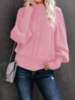Ladies Mid Collar Loose Long Sleeve Twist Sweater Pink