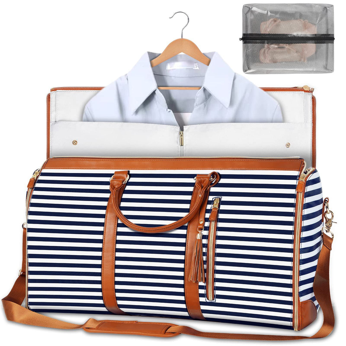 Large Capacity Folding Travel Duffle Bag - Waterproof Weekend Suit Bag Blue Stripes