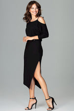 Lenitif Asymmetrical Kimono-Sleeve Dress with Thigh-High Slit black