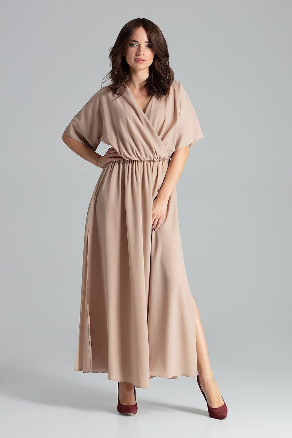 Lenitif Long Kimono-Sleeve Dress with Envelope Neckline beige