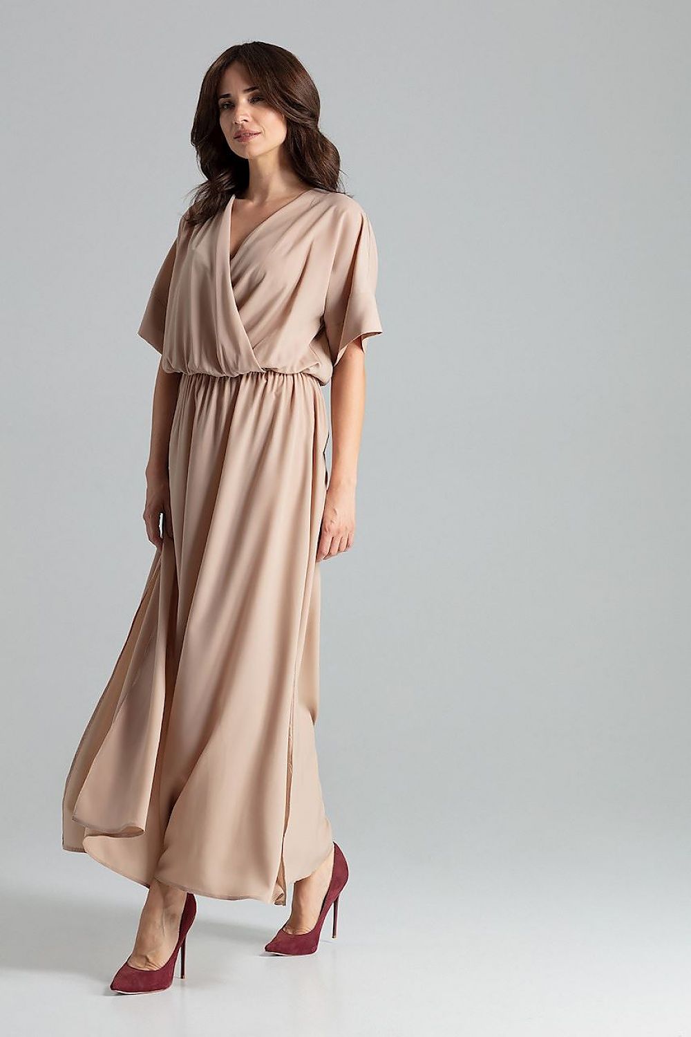 Lenitif Long Kimono-Sleeve Dress with Envelope Neckline
