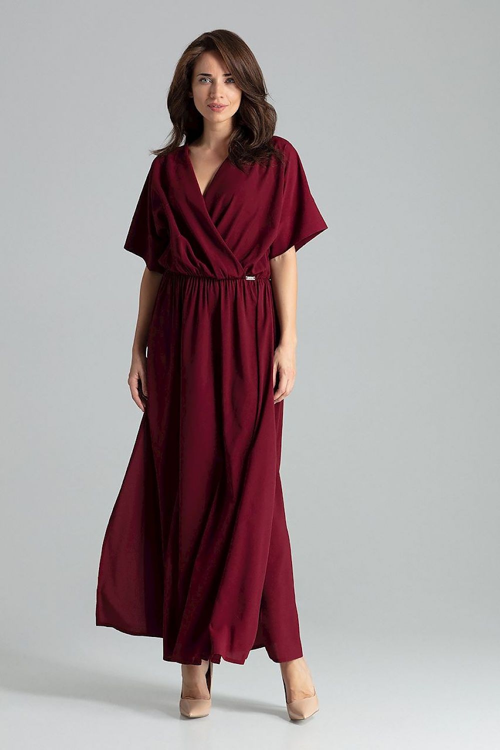 Lenitif Long Kimono-Sleeve Dress with Envelope Neckline red