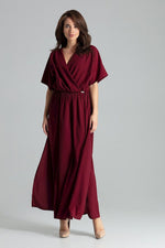 Lenitif Long Kimono-Sleeve Dress with Envelope Neckline red