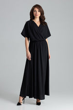 Lenitif Long Kimono-Sleeve Dress with Envelope Neckline black